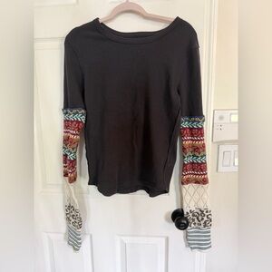 We The Free Black Thermal Top with Multicolor Patterned Sleeves